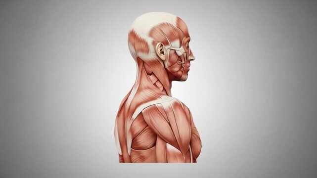 Anatomical illustration showing the muscles of the human head, neck, and shoulders in a side profile view.