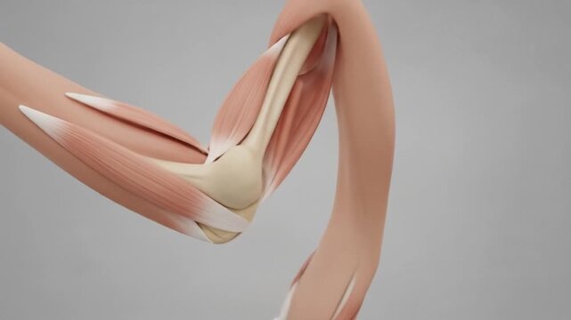 Anatomical illustration of the human elbow joint, showcasing the complex interplay of muscles, tendons, and bones during flexion.