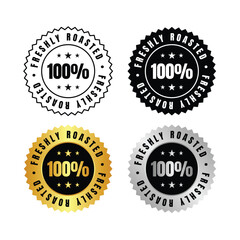 100 percent  four seals with freshly roasted text and a value of one hundred, in various color schemes on white