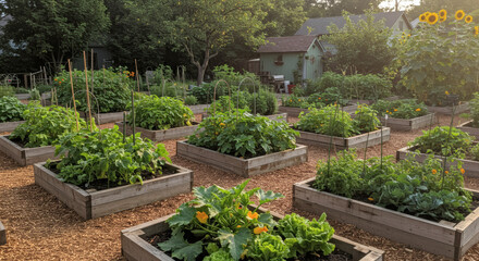 Community garden with raised beds full of vegetables under warm sunlight