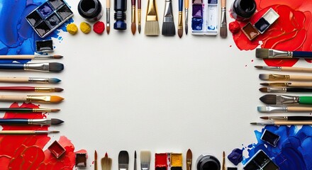 Art Supplies Border Featuring Red and Blue Paints and Brushes