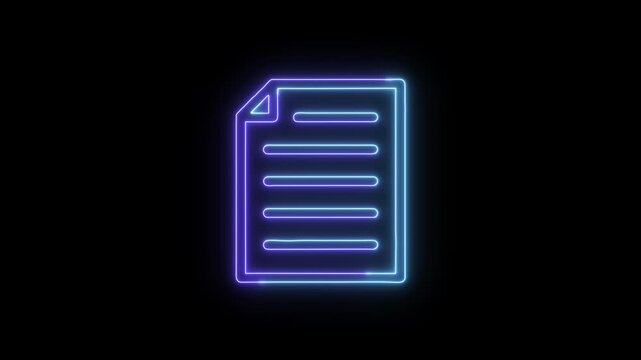 Glowing neon document icon animation on alpha channel transparency, digital file and data concept, graphic element.
