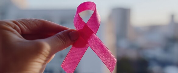 The pink ribbon held by hand symbolizes breast cancer awareness and hope