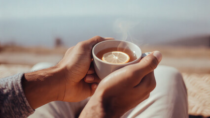 Steaming cup of tea with lemon slice held by hands, creating warm and cozy moment in relaxed outdoor setting