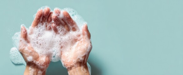The Hands Lathered with Soap Bubbles During Handwashing on Blue Background