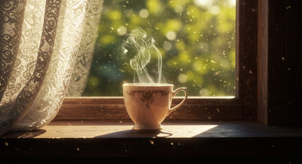 Steaming teacup near window with sunlight abstract illustration copy space design