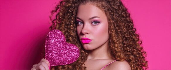 The woman with curly hair holding a glitter heart against a vibrant pink backdrop