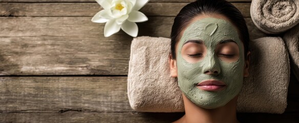 The woman with green clay facial mask relaxing on a wooden spa table