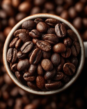 Close up of a cup filled with roasted coffee beans