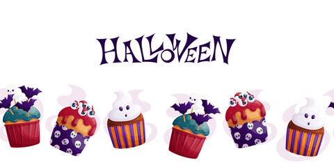 Seamless Halloween border with a set of delicious cupcakes decorated with eyeballs, ghosts and bats. 