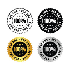 100 percent  four non gmo labels displayed in different colors and styles on a white background image design