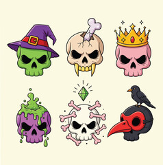 Naklejka premium Collection of six unique and stylized skull illustrations with various accessories and themes each isolated on white background