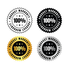 100 percent  four product warranty seals in black gold and silver with stars and round edge design elements