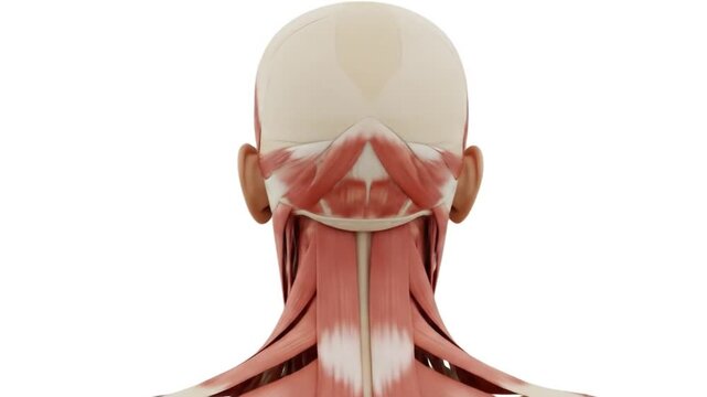 Anatomical illustration of human neck and head muscles from the back view.