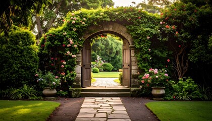 Fototapeta premium A picturesque stone archway, draped in vibrant roses and verdant foliage, beckons the viewer into a serene, sunlit garden