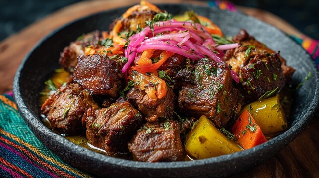 Savor authentic Mexican flavors with this carnitas dish, featuring tender pork, colorful pickled onions, and vibrant spices, perfect for culinary adventures and cultural experiences