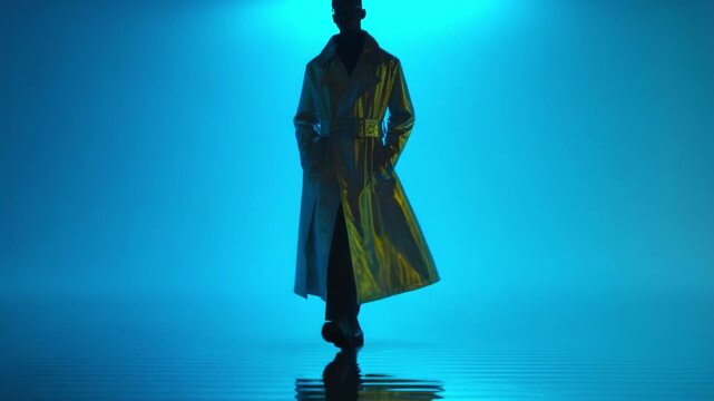 A striking figure in a reflective, metallic trench coat strides confidently through a mesmerizing blue-lit atmosphere, embodying elegance and charisma in a futuristic and artistic setting.