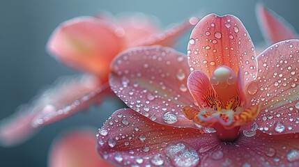 A delicate close-up of a pink orchid flower covered with sparkling water droplets, symbolizing freshness, purity, elegance, natural beauty, gentle fragility, and the breathtaking harmony of nature cap