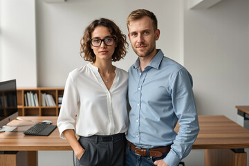 Obraz premium Man and woman in business attire standing in a modern office with a desk and computer.
