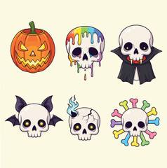 Naklejka premium Collection of six unique halloween themed illustrations featuring a carved pumpkin and five distinct skull designs each isolated on white background