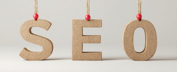 The SEO letters hanging by twine with red beads on neutral background