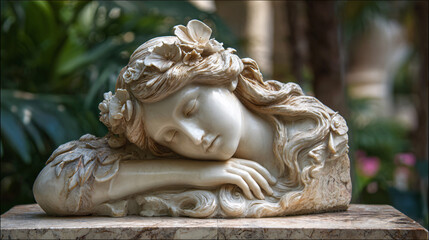 exquisite marble sculpture of slumbering beauty nestled in a vibrant garden capturing the essence of tranquility and timeless artistry in a serene natural setting