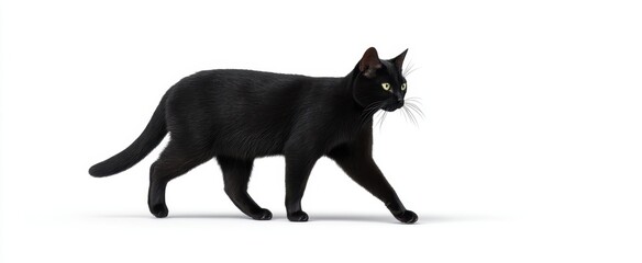 The black cat walking gracefully across a seamless white background with alert gaze