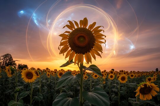 Stunning sunflower field bathed in golden sunset light with ethereal glowing orbs creating a magical, vibrant atmosphere for breathtaking nature scenes - Powered by Adobe