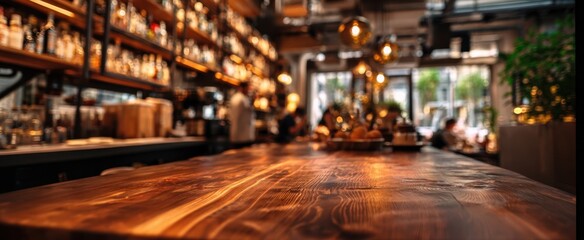 The Wooden Bar Counter in a Cozy Ambient Restaurant with Warm Hanging Lights and Bottles
