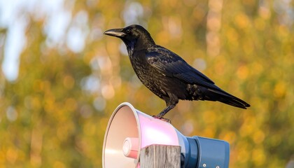 Fototapeta premium Raven Perched on Loudspeaker Against Autumnal Background