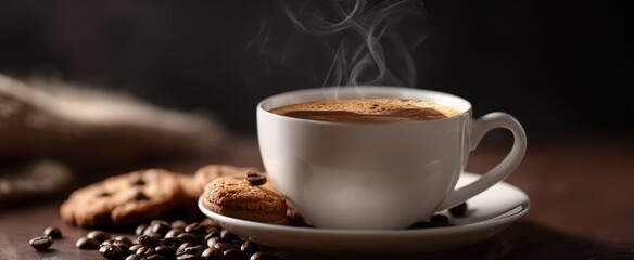 The Cup of Steaming Coffee on a Saucer with Cookies and Scattered Beans