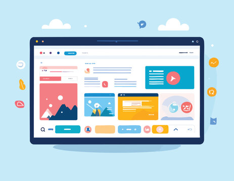 Flat design vector illustration of a website dashboard or software user interface on a computer screen.