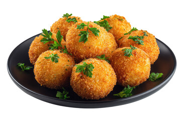 Crispy, golden-brown balls, topped with fresh herbs, on dark plate