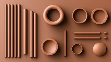 Minimalist copper shapes on brown surface abstract composition backdrop