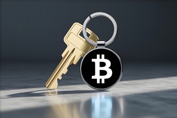 A golden house key and a bitcoin symbol keychain on a reflective surface with dramatic lighting representing digital currency security and access to crypto assets