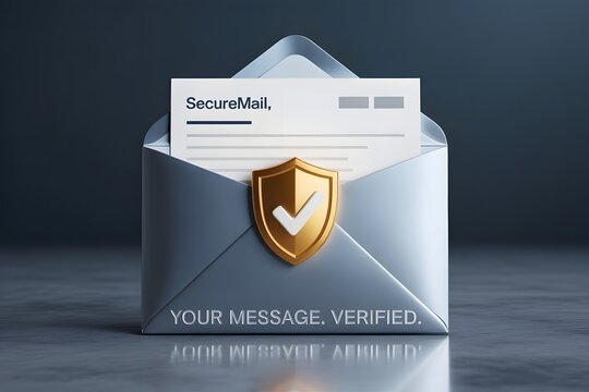 Secure digital envelope with golden shield and checkmark symbolizing confidential data protection and safe communication in a modern technological concept