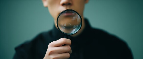 The magnifying glass held by a person inspecting details in a moody portrait
