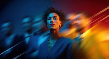 Confident African female leader stands still amid neon motion in rich blue and warm red yellow hues