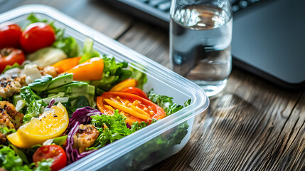 A healthy business lunch in the office - salad and water served on a wooden table, promoting nutritious eating habits.