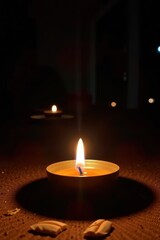 Flickering candlelight illuminates the encompassing darkness, casting dancing shadows on a textured surface, darkness, magic