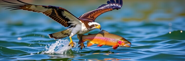 Obraz premium Osprey in flight, talons gripping a vibrant rainbow trout, against a backdrop of clear blue water, wild, nature, claw