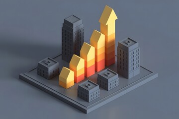 Isometric 3d illustration of a conceptual cityscape with a rising bar graph symbolizing financial growth and economic progress against a neutral background