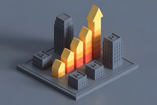 Isometric 3d illustration of a conceptual cityscape with a rising bar graph symbolizing financial growth and economic progress against a neutral background