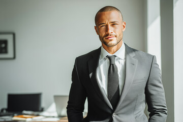 Confident businessman in gray suit standing in bright natural sunlight by office window, exuding modern professionalism and ambition.