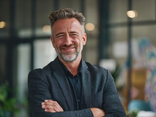 Naklejka premium Smiling mature 50 years old business owner, company manager, smiling senior ceo executive, older corporate leader at work. Happy professional business man of middle age standing in office. Portrait.