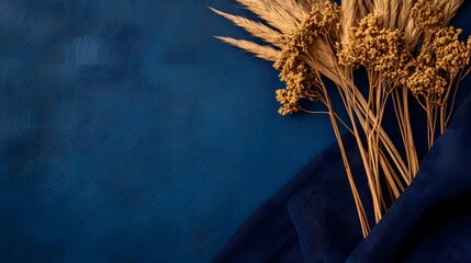 Elegant arrangement featuring blue fabric and dried wheat stalks overhead shot with copy space