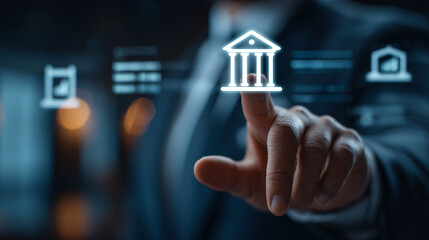 Man in suit touching bank icon on screen with other icons in the background