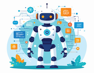 Futuristic ai powered design elements minimalist illustration of a friendly robot with digital connections and abstract technology graphics