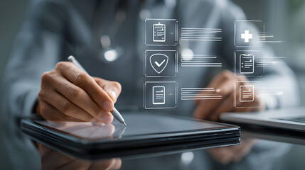 EHR, checklist Doctor taps tablet beside laptop to review medical records and patient data privacy, ticking tasks across history, lab results, and profiles. concept secure digital workflow.
