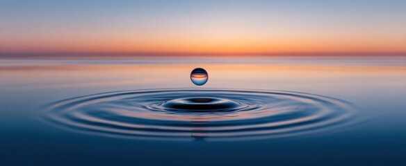 The water droplet suspended above a concentric ripple at colorful sunset horizon